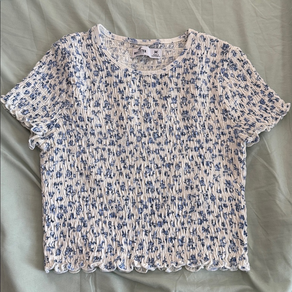 Hollister Blue Floral Smocked Short Sleeve Crop Top Womens Sz M